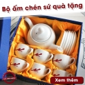 Bộ ấm chén trắng in logo quà tặng gốm sứ