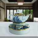 Bộ ấm chén quả hồng bọc đồng kèm khay tròn