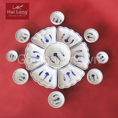 Bộ bát đĩa hoa mặt trời họa tiết xanh lam - gốm sứ thủ công tại Bát Tràng