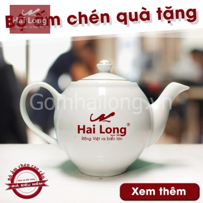 Bộ ấm chén trắng in logo quà tặng gốm sứ