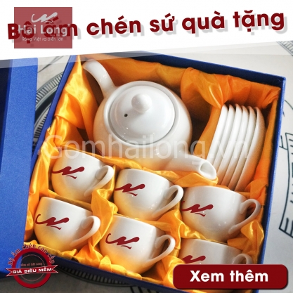 Bộ ấm chén trắng in logo quà tặng gốm sứ