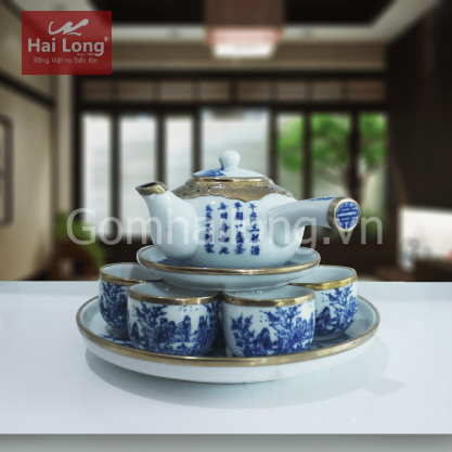 Bộ ấm chuôi giả cổ bọc đồng kèm khay tròn