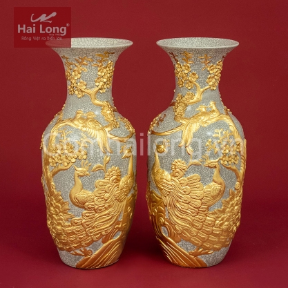 Lọ Lộc Bình men Rạn Gạo Nếp dát vàng tích Trường Xuân Phú Quý H60